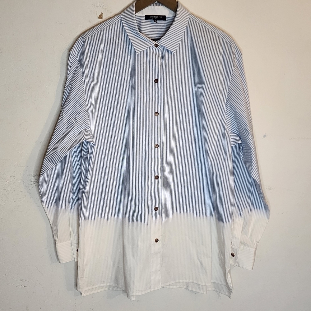 Lafayette 148 Blue Pinstripe Bleach Ombre Button Up Shirt, sz L